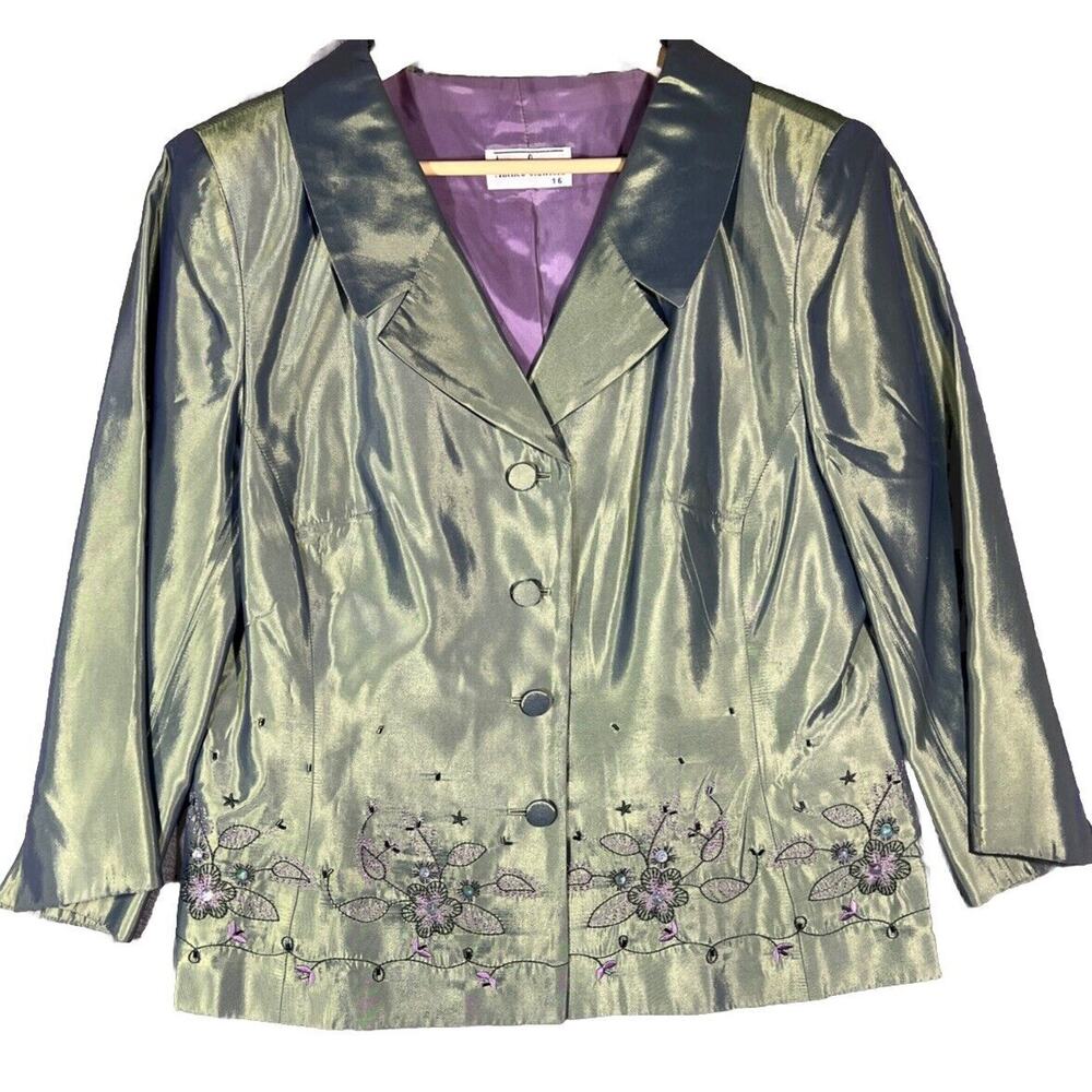 Anthea Crawford Jacket AU16 US12 Green Satin Shimmer Embroidered Floral Beaded